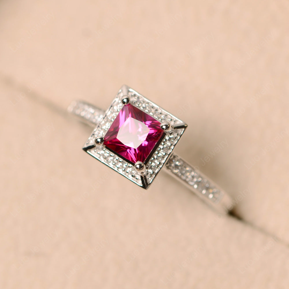 Princess Cut Ruby Halo Engagement Ring - LUO Jewelry