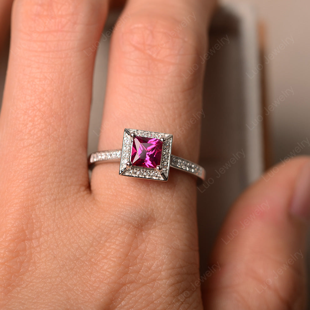 Princess Cut Ruby Halo Engagement Ring - LUO Jewelry
