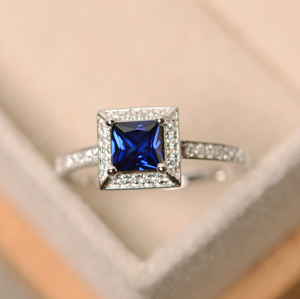 Princess Cut Lab Sapphire Halo Engagement Ring - LUO Jewelry