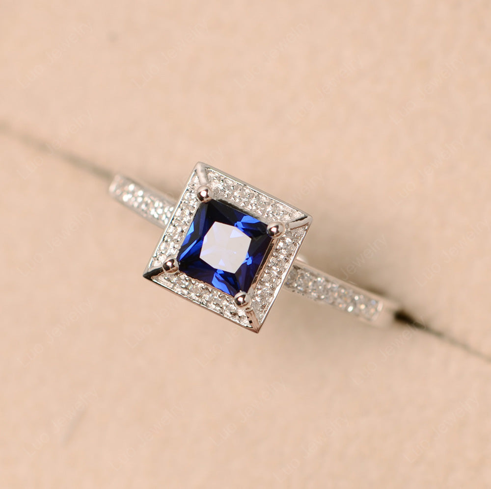 Princess Cut Lab Sapphire Halo Engagement Ring - LUO Jewelry