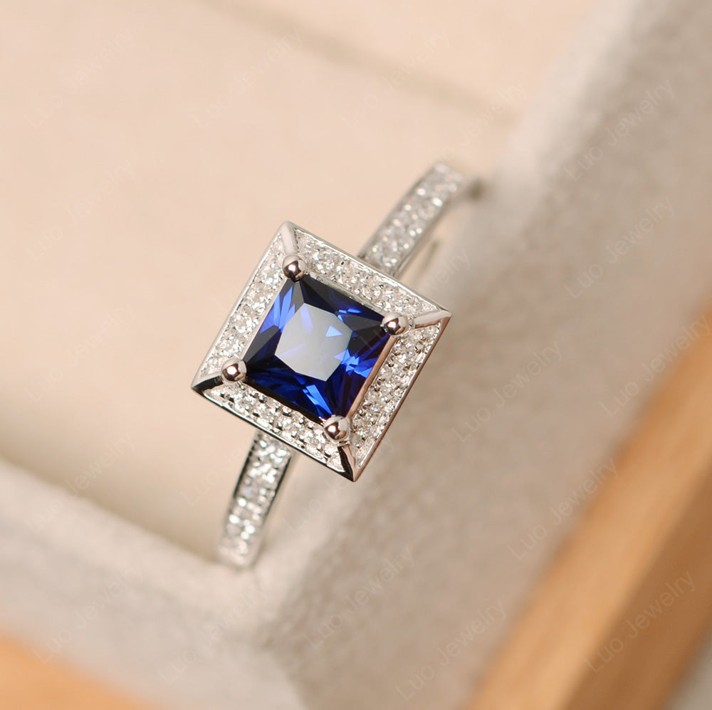 Princess Cut Lab Sapphire Halo Engagement Ring - LUO Jewelry