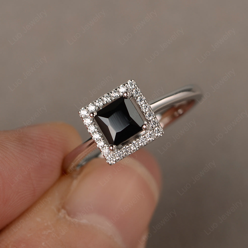 Black Stone Halo Engagement Ring Princess Cut - LUO Jewelry