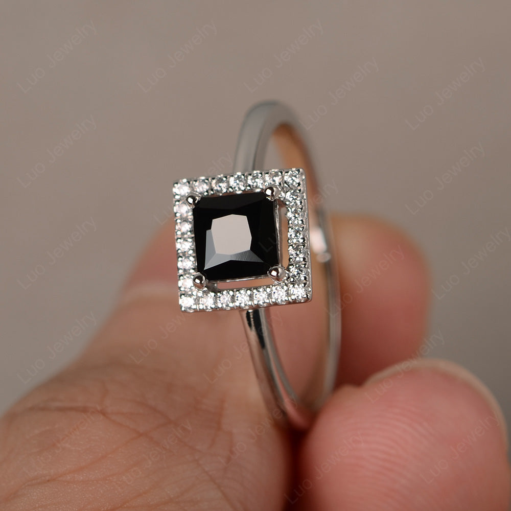 Black Stone Halo Engagement Ring Princess Cut - LUO Jewelry