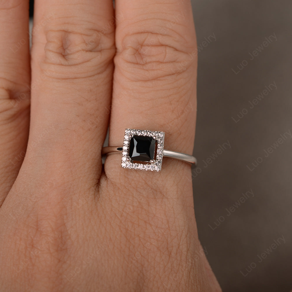 Black Stone Halo Engagement Ring Princess Cut - LUO Jewelry