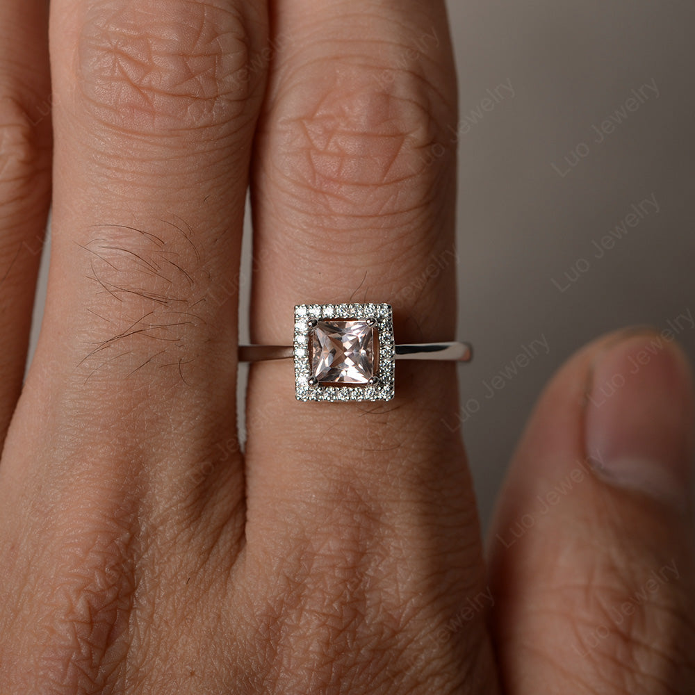 Morganite Halo Engagement Ring Princess Cut - LUO Jewelry