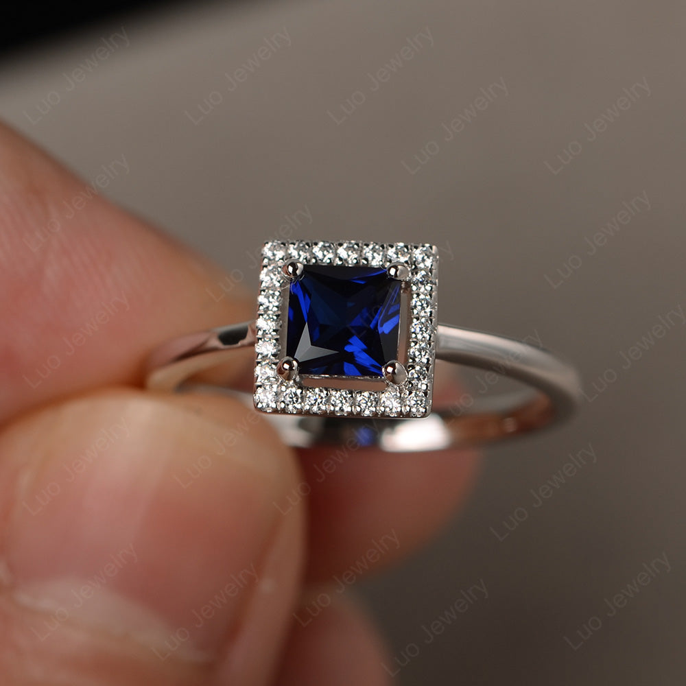 Lab Sapphire Halo Engagement Ring Princess Cut - LUO Jewelry