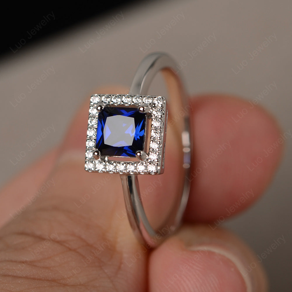 Lab Sapphire Halo Engagement Ring Princess Cut - LUO Jewelry