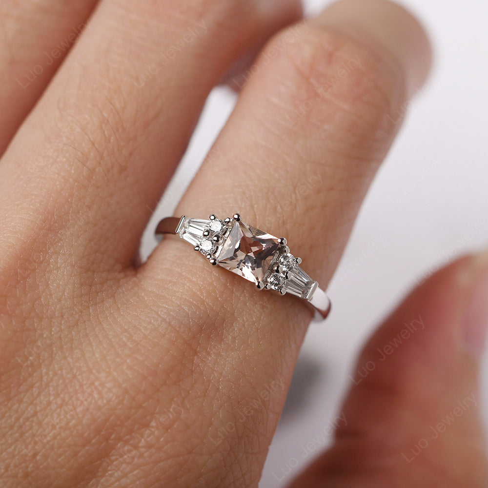 Art Deco Princess Cut Morganite Wedding Ring - LUO Jewelry