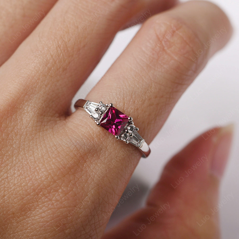 Art Deco Princess Cut Ruby Wedding Ring - LUO Jewelry