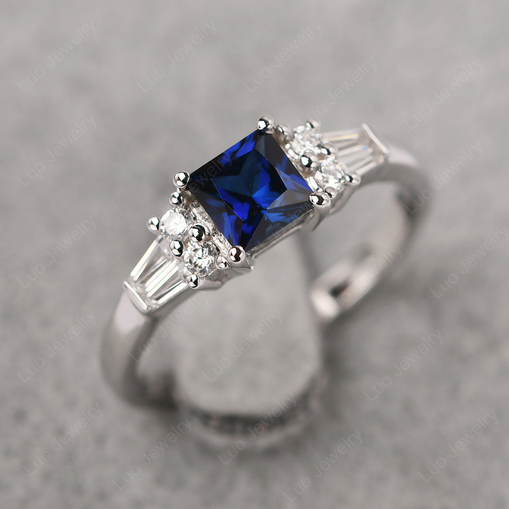 Art Deco Princess Cut Lab Sapphire Wedding Ring - LUO Jewelry