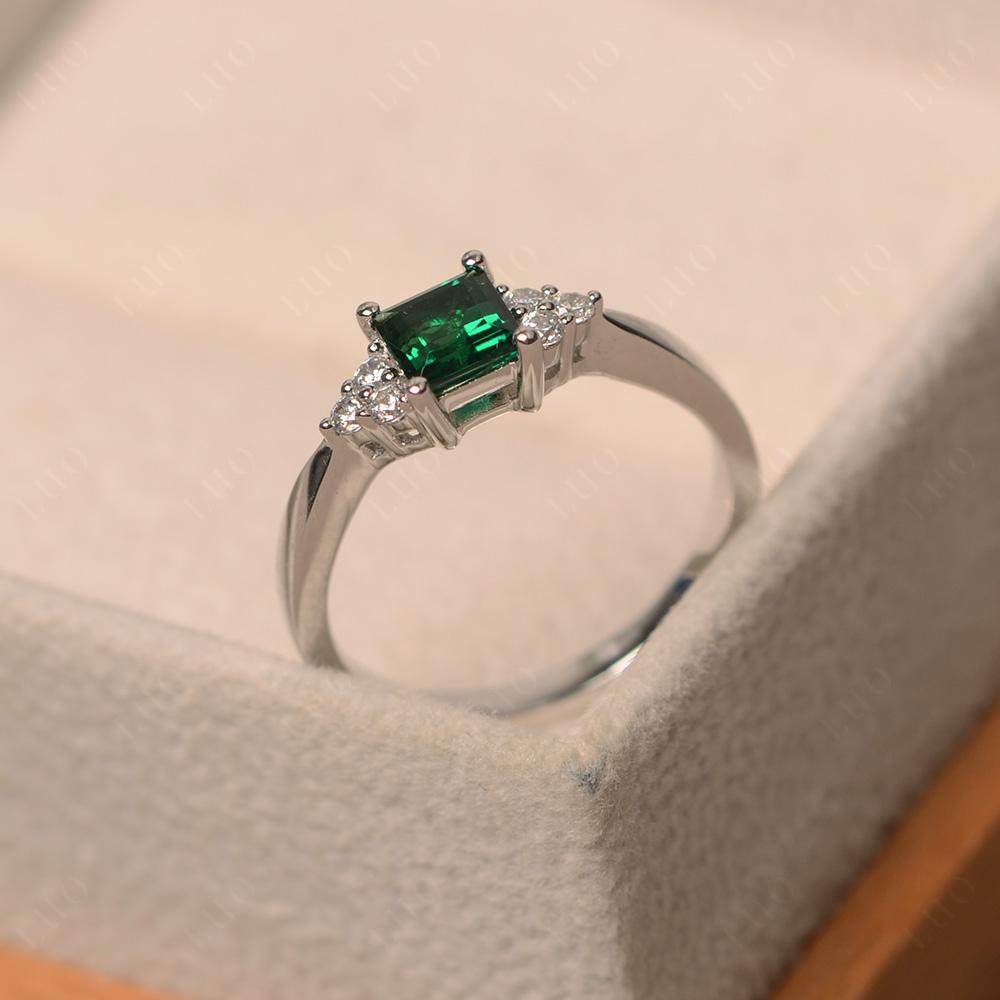 Square Cut Lab Emerald Engagement Ring Silver - LUO Jewelry