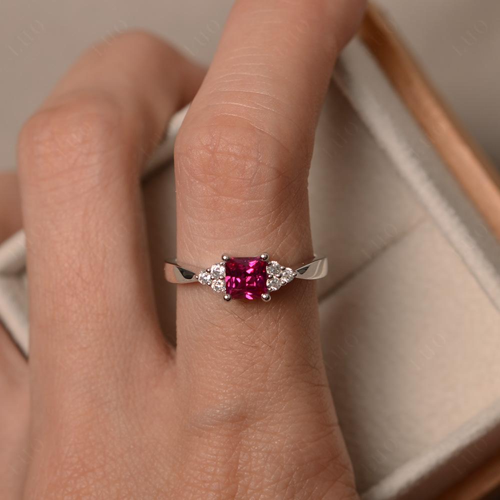 Princess Cut Ruby Engagement Ring Silver - LUO Jewelry