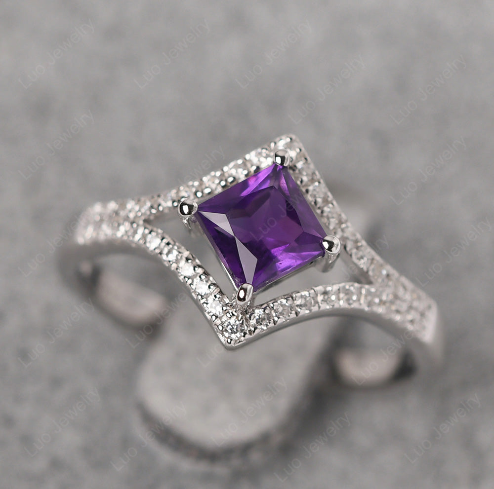Princess Cut Amethyst Kite Set Engagement Ring - LUO Jewelry