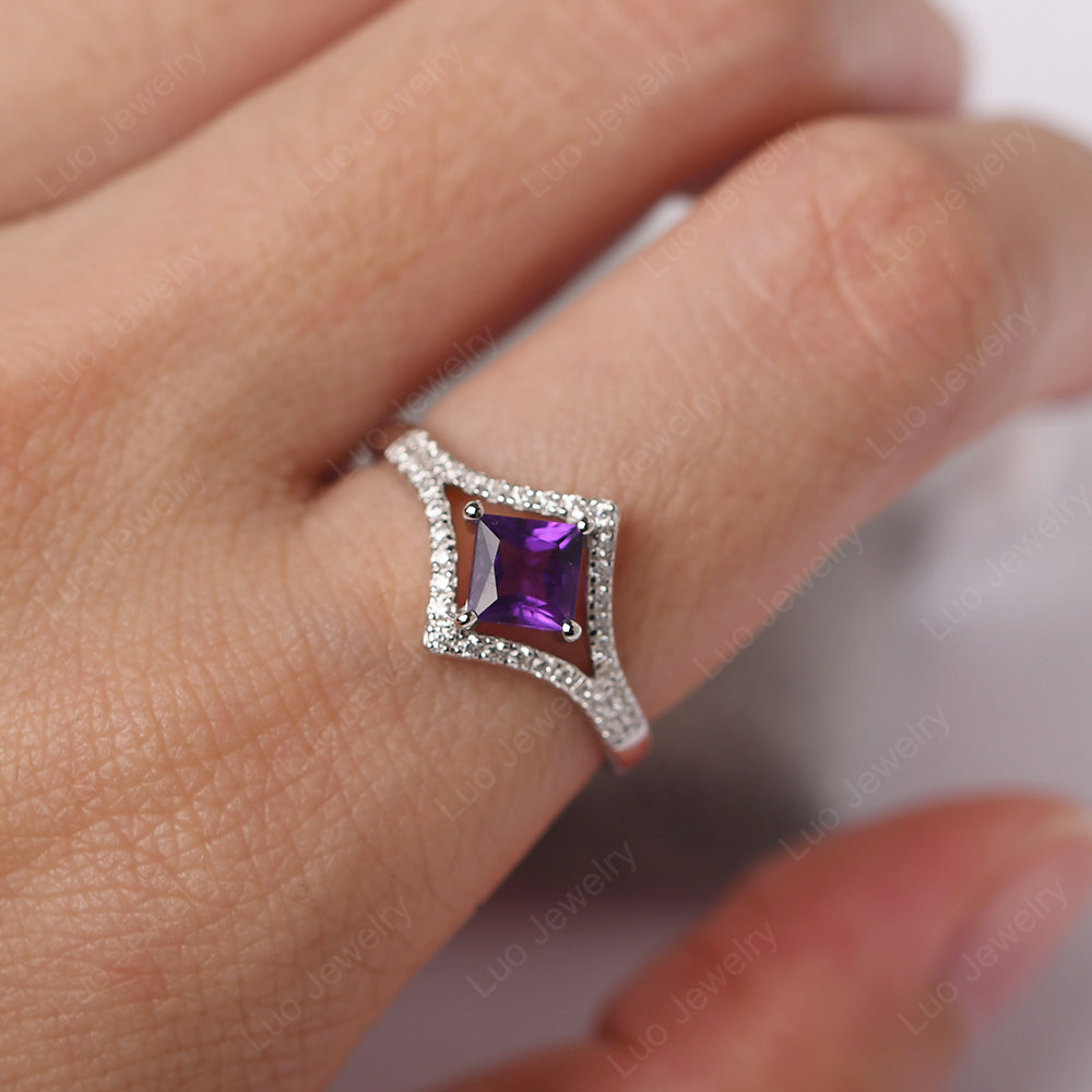 Princess Cut Amethyst Kite Set Engagement Ring - LUO Jewelry