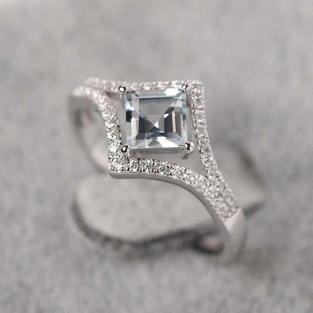 Square Cut Aquamarine Kite Set Engagement Ring - LUO Jewelry