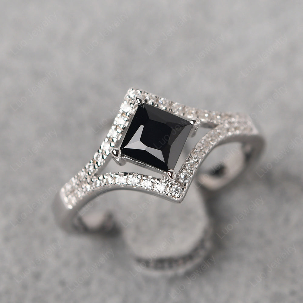 Princess Cut Black Stone Kite Set Engagement Ring - LUO Jewelry