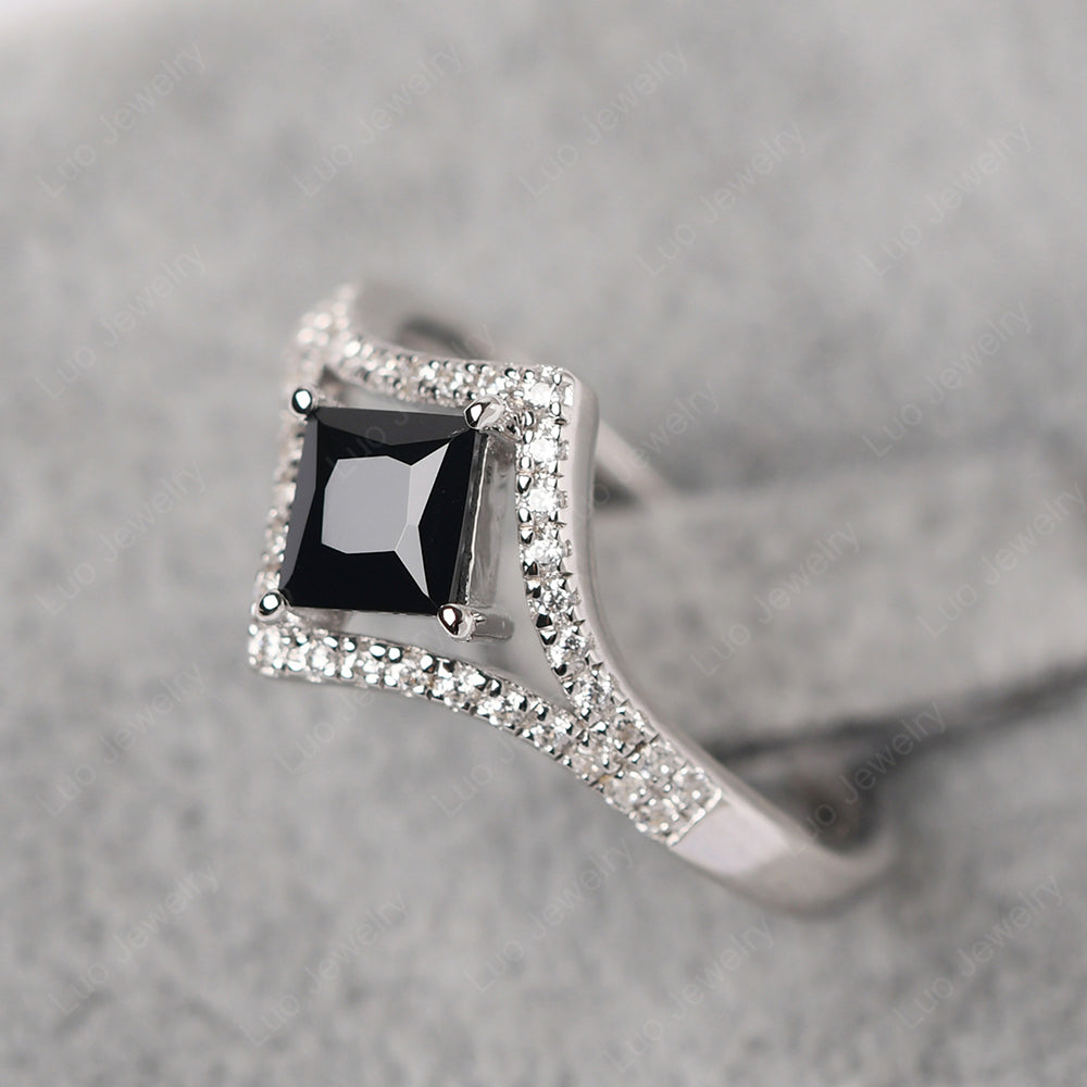 Princess Cut Black Stone Kite Set Engagement Ring - LUO Jewelry