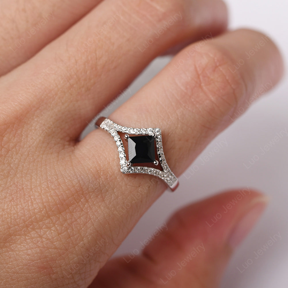 Princess Cut Black Stone Kite Set Engagement Ring - LUO Jewelry