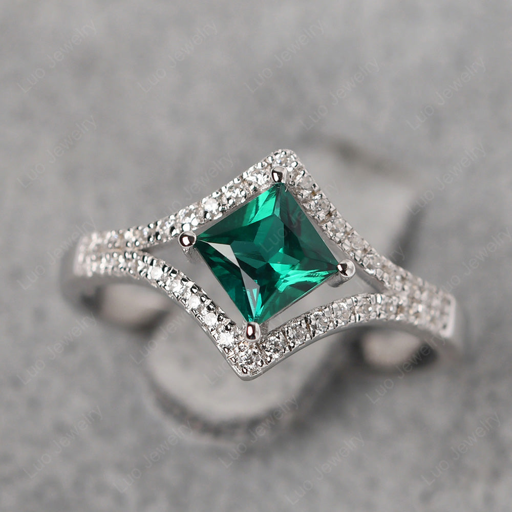 Princess Cut Lab Emerald Kite Set Engagement Ring - LUO Jewelry