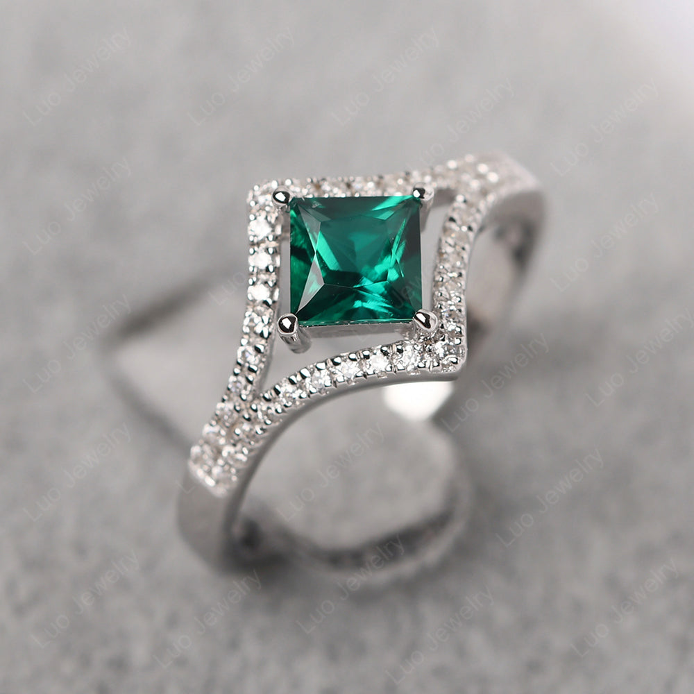 Princess Cut Lab Emerald Kite Set Engagement Ring - LUO Jewelry