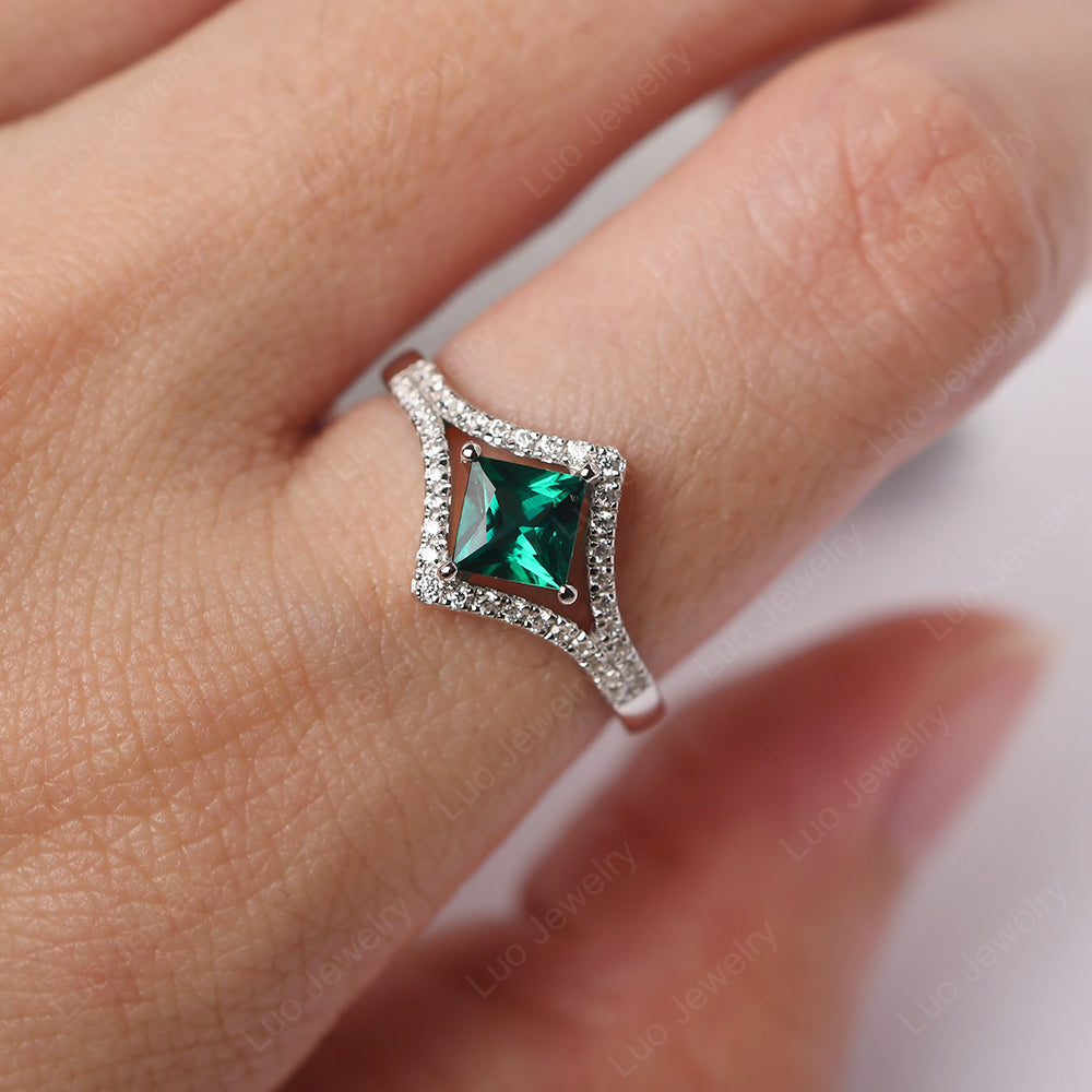 Princess Cut Lab Emerald Kite Set Engagement Ring - LUO Jewelry
