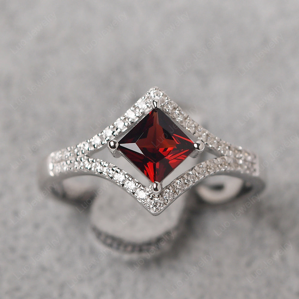 Princess Cut Garnet Kite Set Engagement Ring - LUO Jewelry