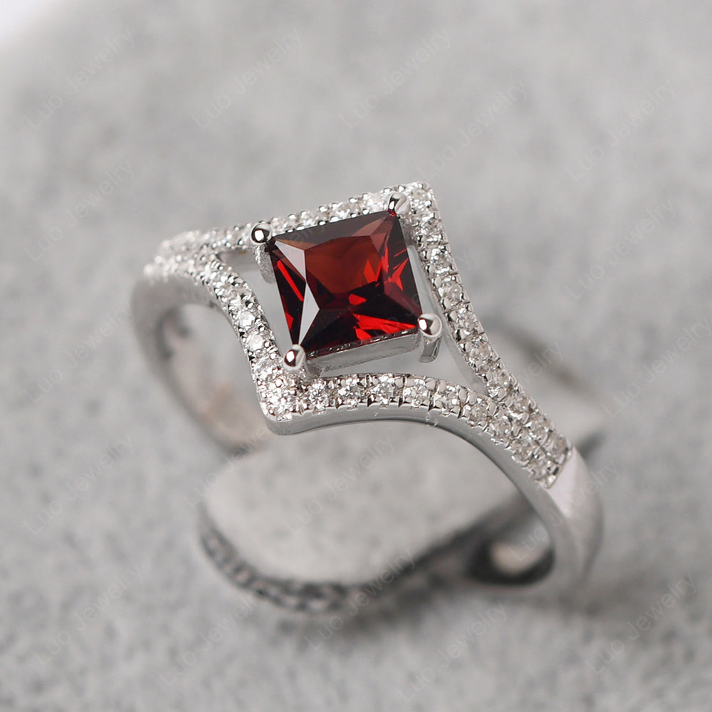 Princess Cut Garnet Kite Set Engagement Ring - LUO Jewelry