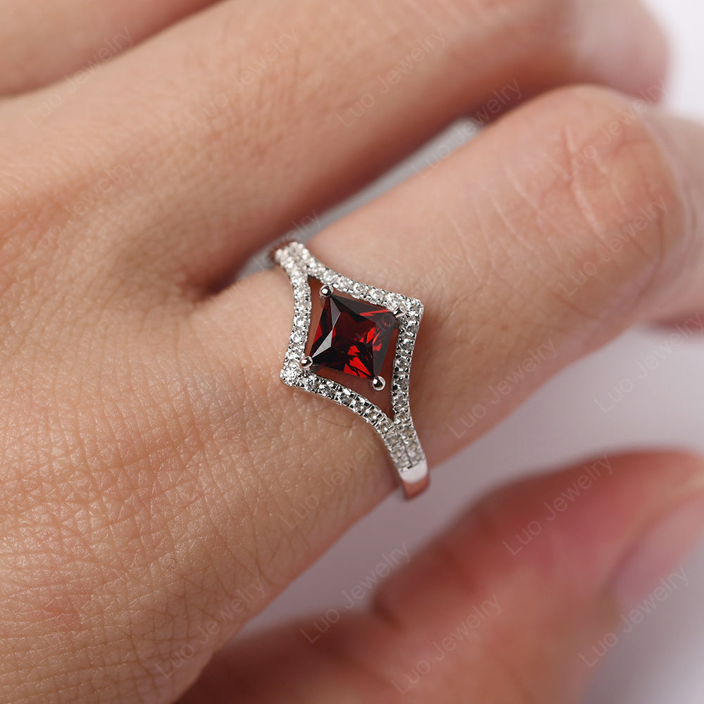 Princess Cut Garnet Kite Set Engagement Ring - LUO Jewelry