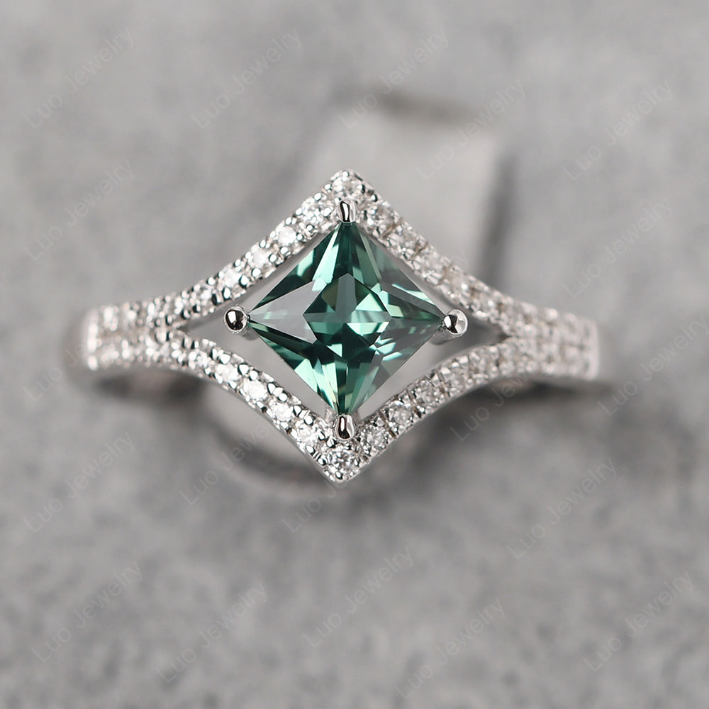 Princess Cut Green Sapphire Kite Set Engagement Ring - LUO Jewelry