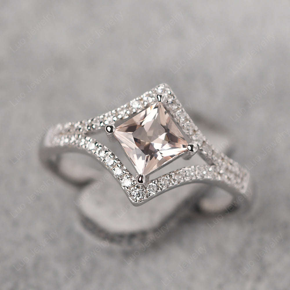 Princess Cut Morganite Kite Set Engagement Ring - LUO Jewelry
