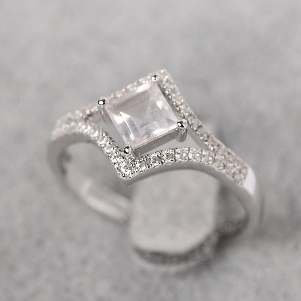 Square Cut Rose Quartz Kite Set Engagement Ring - LUO Jewelry