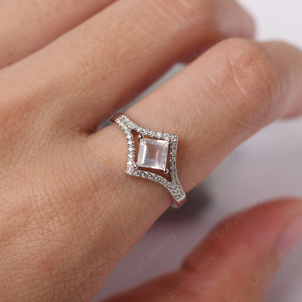 Square Cut Rose Quartz Kite Set Engagement Ring - LUO Jewelry