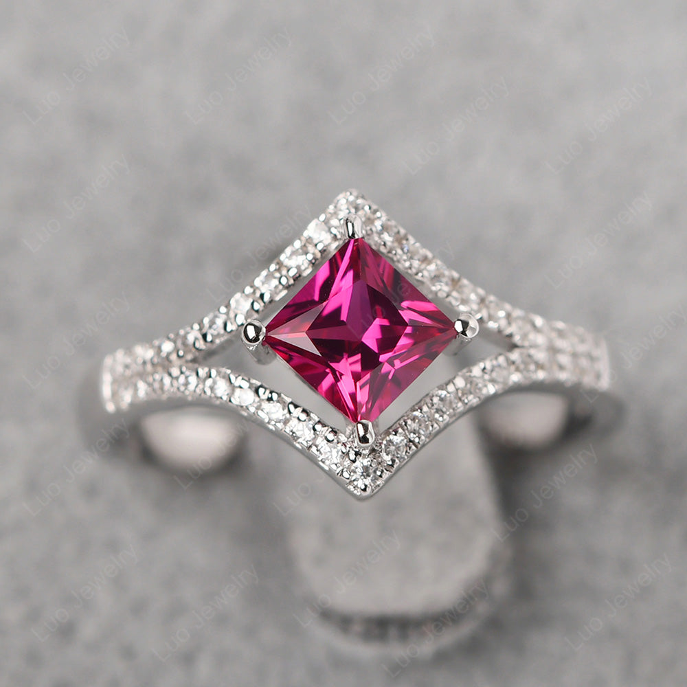 Princess Cut Ruby Kite Set Engagement Ring - LUO Jewelry