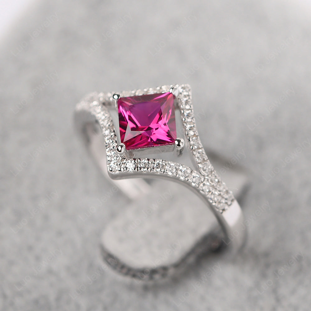 Princess Cut Ruby Kite Set Engagement Ring - LUO Jewelry