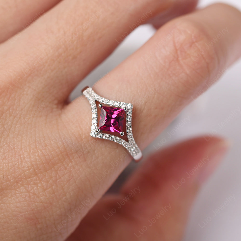 Princess Cut Ruby Kite Set Engagement Ring - LUO Jewelry