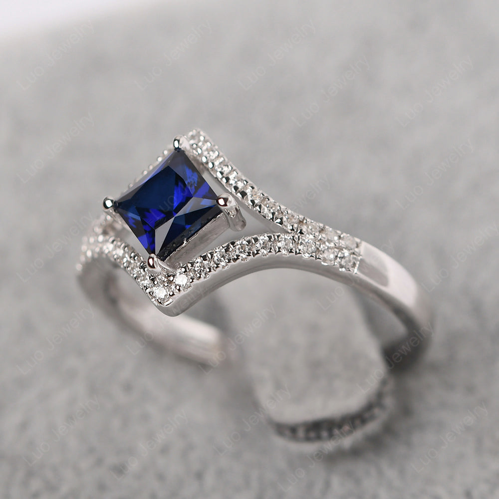 Princess Cut Lab Sapphire Kite Set Engagement Ring - LUO Jewelry