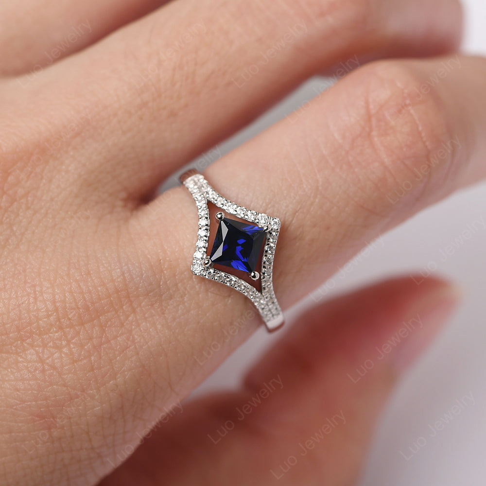 Princess Cut Lab Sapphire Kite Set Engagement Ring - LUO Jewelry