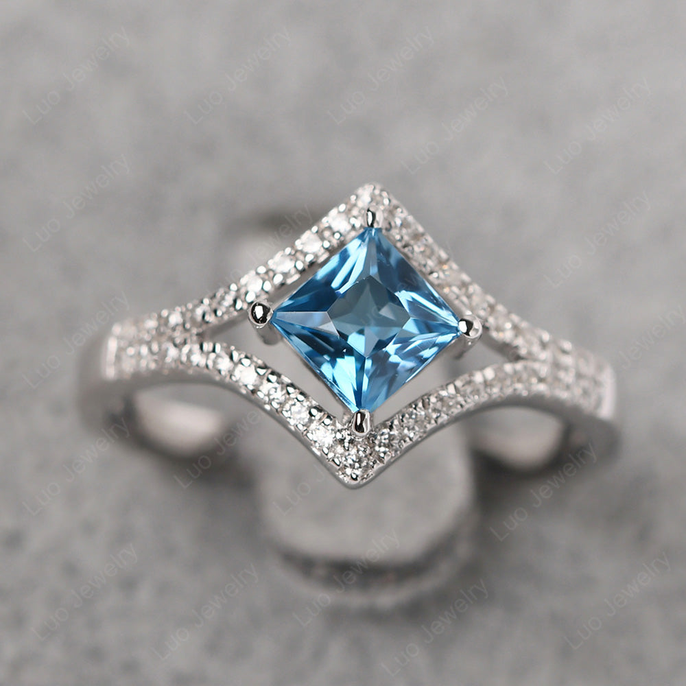 Princess Cut Swiss Blue Topaz Kite Set Engagement Ring - LUO Jewelry