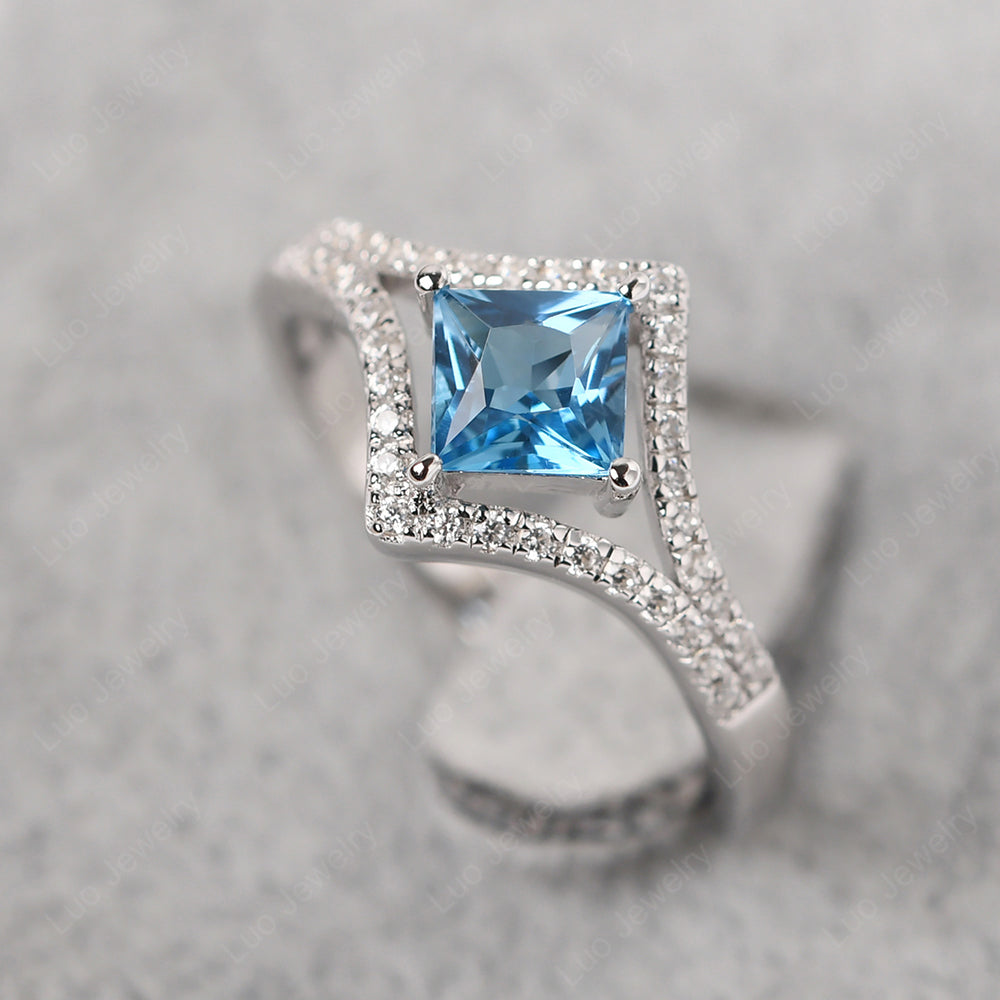 Princess Cut Swiss Blue Topaz Kite Set Engagement Ring - LUO Jewelry