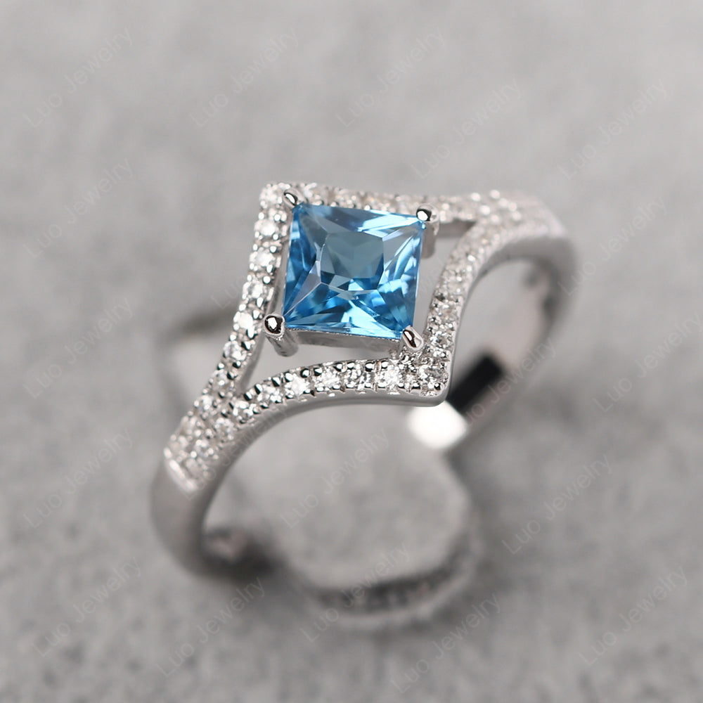 Princess Cut Swiss Blue Topaz Kite Set Engagement Ring - LUO Jewelry