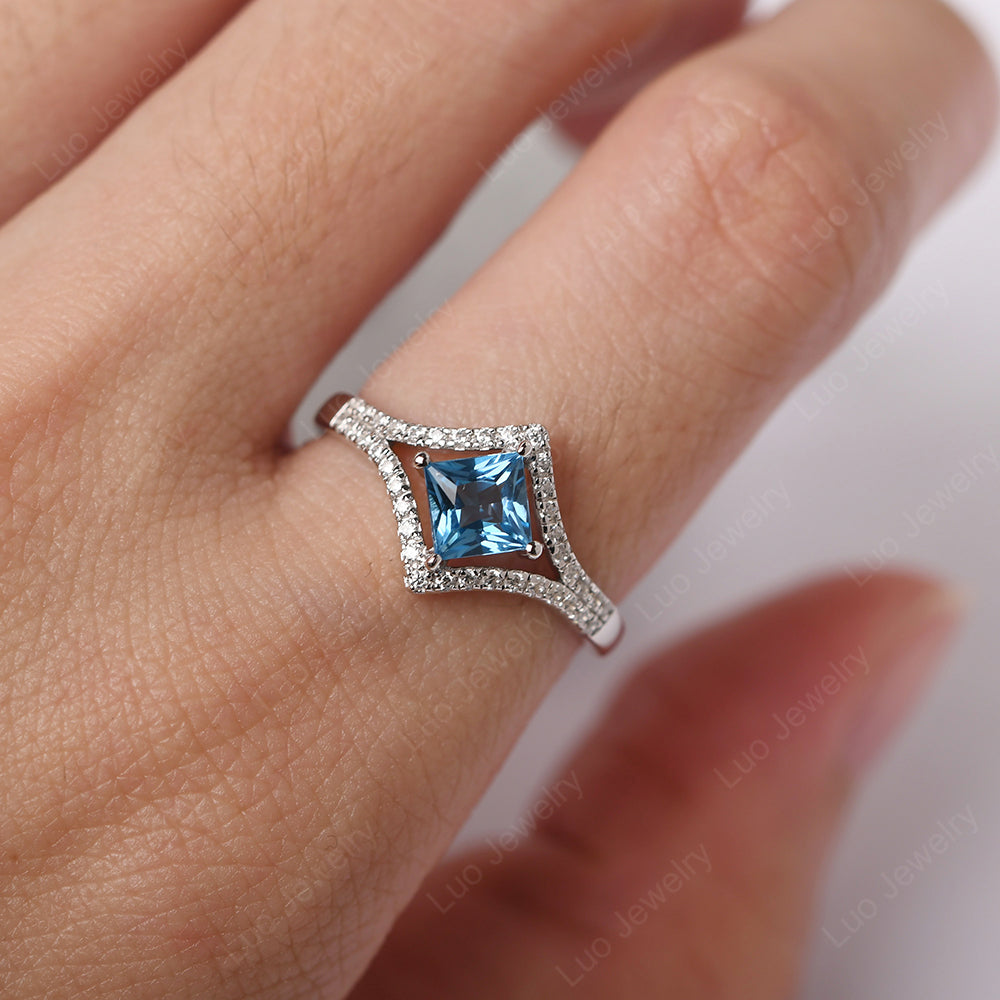 Princess Cut Swiss Blue Topaz Kite Set Engagement Ring - LUO Jewelry