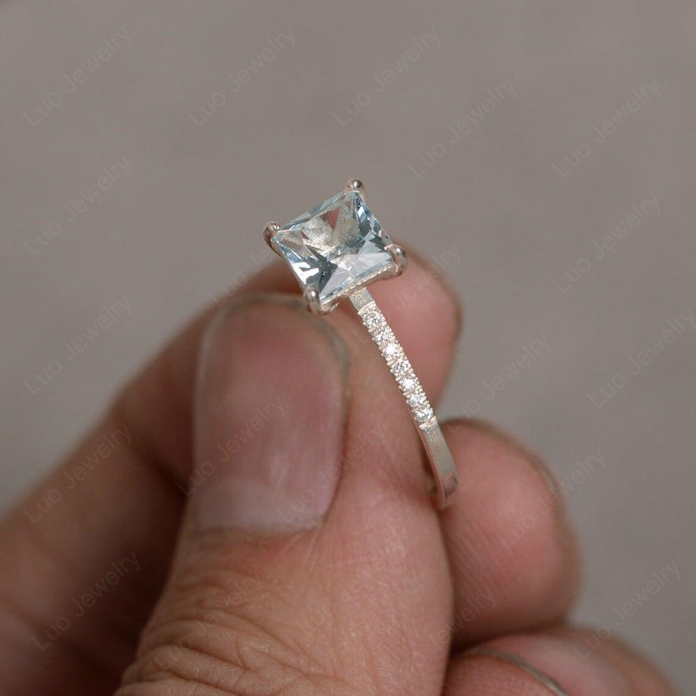 Princess Cut Aquamarine Ring With Thin Band - LUO Jewelry
