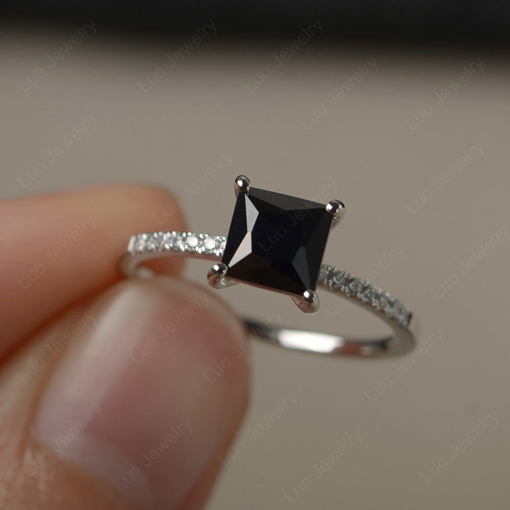 Princess Cut Black Stone Ring With Thin Band - LUO Jewelry