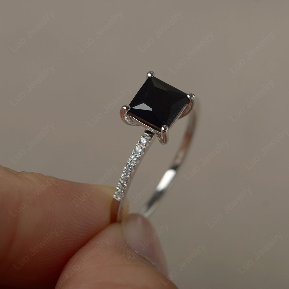 Princess Cut Black Stone Ring With Thin Band - LUO Jewelry