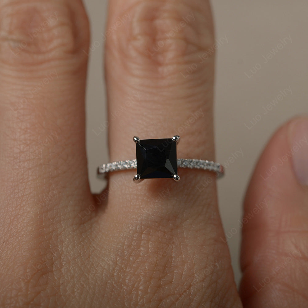 Princess Cut Black Stone Ring With Thin Band - LUO Jewelry