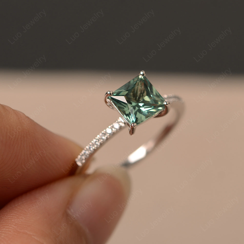 Princess Cut Green Sapphire Ring With Thin Band - LUO Jewelry