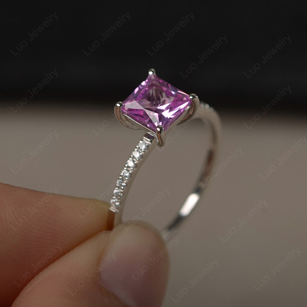 Princess Cut Pink Sapphire Ring With Thin Band - LUO Jewelry