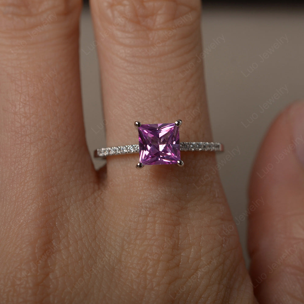 Princess Cut Pink Sapphire Ring With Thin Band - LUO Jewelry