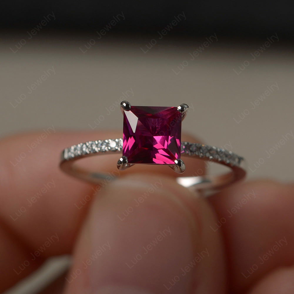 Princess Cut Ruby Ring With Thin Band - LUO Jewelry