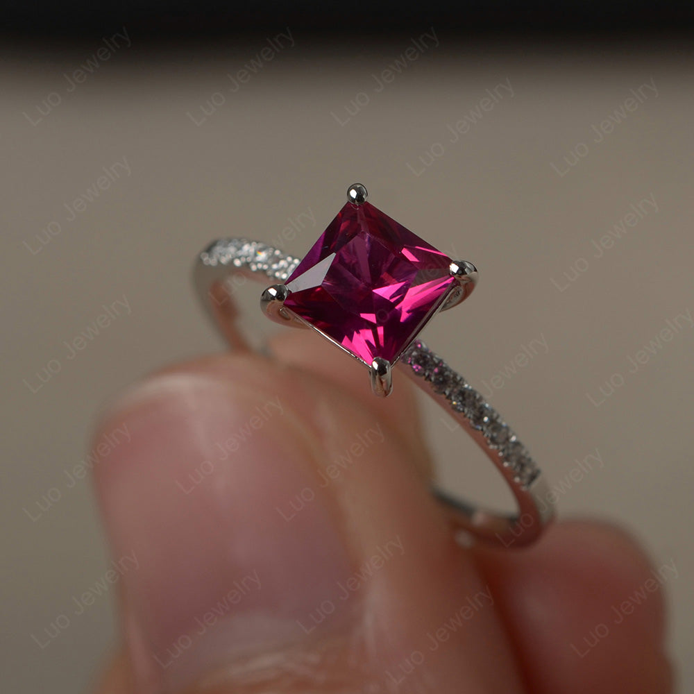 Princess Cut Ruby Ring With Thin Band - LUO Jewelry